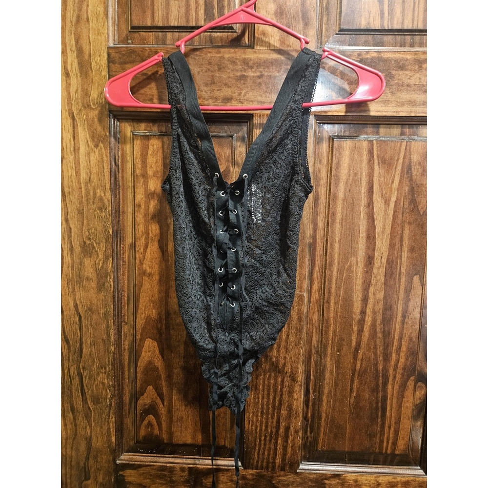 Victoria's Secret Black Lace Bodysuit Small Lace-Up Front Snap Crotch One Piece